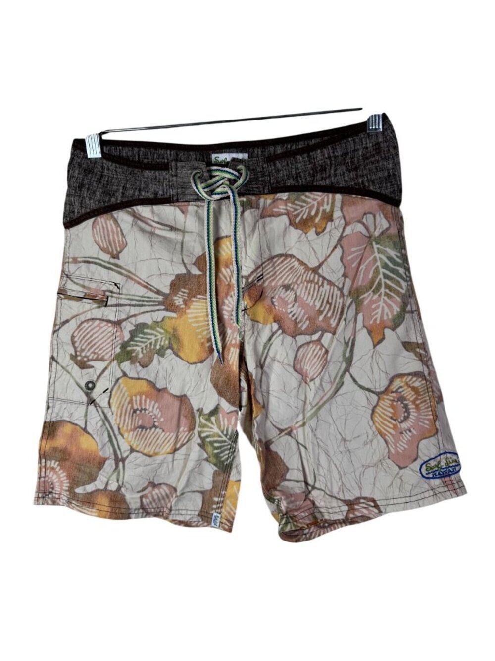Surf Line Hawaii Mens Floral Board Shorts Brown Drawstring Size Small Beach Swim